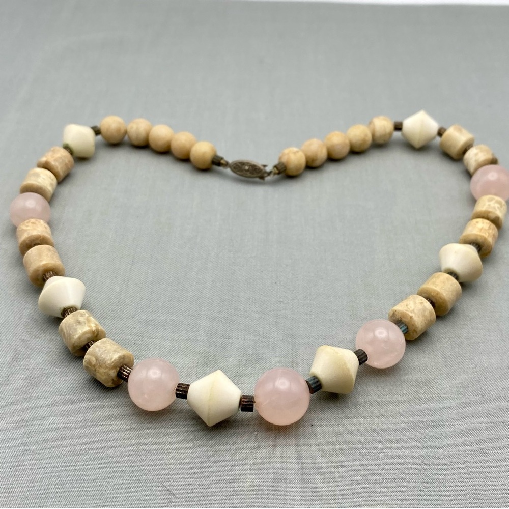 Vintage Earth-tone Stone & Pink Quartz Beaded Necklace